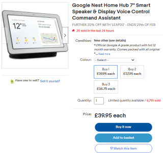 Win a Google Nest Home Hub 7" smart speaker at eBay for £36.75