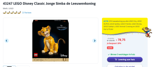 Lego Disney Jonge Simba de Leeuwenkoning 43247 voor €78,75 bij Toychamp