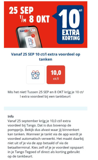 10 ct/l extra korting op een tankbeurt bij Tango