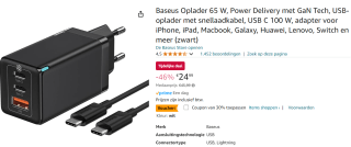 Baseus Oplader 65 W, Power Delivery met GaN Tech voor €17,49 bij Amazon