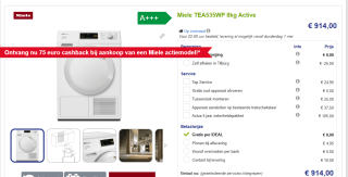 Miele wasmachine TEA535WP 8kg Active voor €839 na cashback bij Beterwitgoed