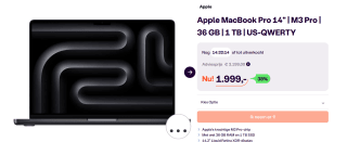 Apple MacBook Pro 14" M3 Pro 36 GB 1 TB US-QWERTY voor €1.999 bij Ibood