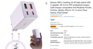 Baseus GaN6 Pro 65W - Paars voor €17,50 bij Amazon