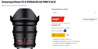 Samyang 20mm T1.9 VDSLR ED AS UMC Fuji X voor €248,79 bij Bol.com