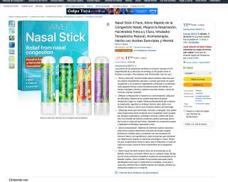 4 Unidades Inhalador Terapéutico Natural Aromaterapia Hecho con Aceites Esenciales y Mentol Alivio Rápido de la Congestión Nasal por solo 11,99€