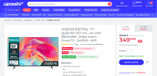 TV 50" Hisense 50E77KQ - QLED, 4K UHD, Dolby Vision à 349,99€