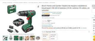 Taladro de impacto inalámbrico Bosch Taladro EasyImpact 18V-40Nm + 2 baterías 2.0Ah + Maletín por 70€