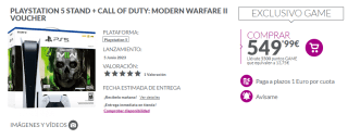 Consola PlayStation 5 Standard Edition + Call of Duty Modern Warfare II Código + 13,75€ saldo por 549,99€