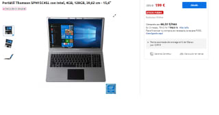 Ordenador Portátil Thomson SPN15C4SL con Intel, 4GB, 128GB, 39,62 cm - 15,6" por 199€