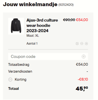 Kortingscode voor 15% extra korting op de sale in de Ajax shop