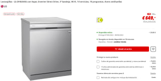 Lavavajillas LG DF455HSS con Vapor, Inverter Direct Drive, 3ª bandeja, Wi-Fi, 14 servicios, 10 programas, Acero antihuellas por 649€