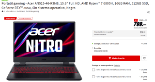 Portátil Acer Nitro 5 AN515-46-R3M8 AMD Ryzen 7 6800H/16GB/512GB por 799€
