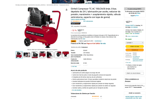 Einhell Compresor TC-AC 190/24/8 máx 8 bar depósito de 24L por solo 85,75€