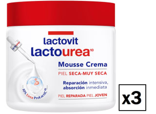 3 Botes de Lactovit - Mousse Crème Hidratante Lactourea para Cuerpo y Cara de 24 Horas Duración, para Pieles Secas y Muy Secas - 400 ml por 8.98€