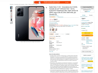 Redmi Note 12 4G 4GB 64GB 6,67" AMOLED FHD+ 120 Hz por 104€