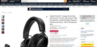 Casque sans fil HyperX Cloud III - PC, PS5, PS4, jusqu'à 120h de batteries à 79,99€