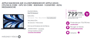 Apple MacBook Air 13.6 Apple (2022) 8GB RAM - 512GB SSD reacondicionado por 799,99€