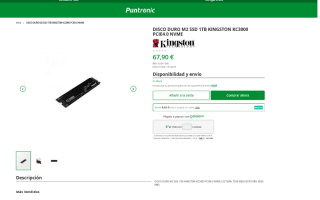 Kingston KC3000 1TB SSD M.2 NVMe PCIe 4.0 por solo 67,90€