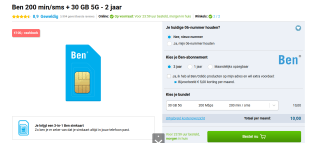 Ben sim only 200 min/sms + 30 GB 5G - 2 jaar voor €10 + €200 cashback bij Belsimpel