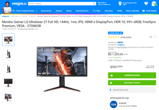 Monitor Gamer da LG, modelo UltraGear de 27 polegadas - R$ 1.299,99