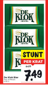 Krat De Klok bier voor €7,49 bij Vomar