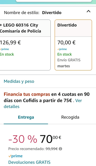 LEGO 60317 City Persecución Policial en el Banco por 70€.