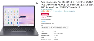 Acer Chromebook Plus 514 CB514-3H-R430 | 14" voor €379 bij Amazon