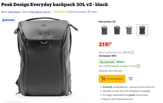 Peak Design Everyday Backpack 30L v2 (Zwart) voor €219,17 bij Bol.com