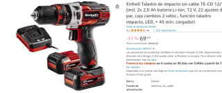 Einhell Taladro de impacto sin cable TE-CD 12/1 con 2 baterias mas accesorios por 69€