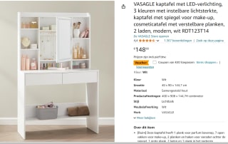 Witte Make-up tafel met Instelbare LED Verlichting voor €118,99 bij Amazon