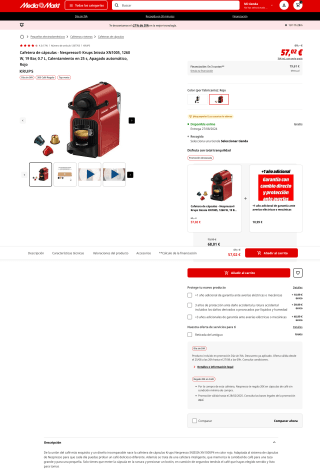 Cafetera de cápsulas Nespresso Krups Inissia XN1005 1260W 19 Bar 0.7 L rojo por solo 57,02€