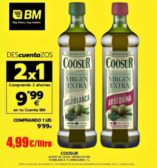 2x1 Aceite de Oliva Virgen Extra Hojiblanca o Arbequina Coosur por 9,99€ (4,99€ el litro)