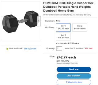 Win HOMCOM 2x 20KG rubber hex dumbbell from eBay for £65.34