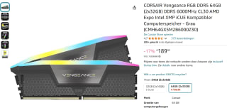 CORSAIR Vengeance RGB DDR5 64GB (2x32GB) DDR5 6000MHz RAM voor €189,90 bij Amazon DE