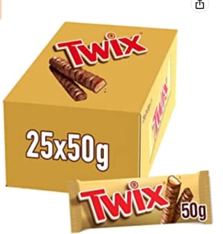 Twix Chocolatina con Galleta crujiente y suave caramelo recubiertos de chocolate con leche (25 x 50g) por 13,40€