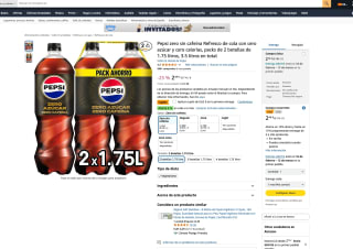 Pepsi zero sin cafeína Refresco de cola con cero azúcar y cero calorías, packs de 2 botellas de 1.75 litros, 3.5 litros total por solo 1,73€