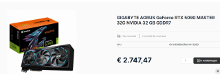 Gigabyte AORUS GeForce RTX 5090 MASTER 32G videokaart voor €2.747,47 bij Caps
