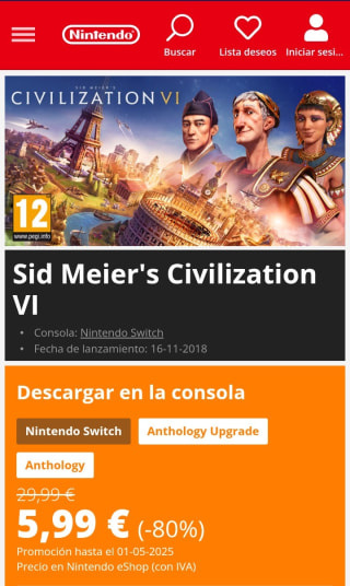 Sid Meier's Civilitation VI Nintendo Switch por 5,99€.