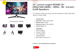 32" Lenovo Legion R32QC-30 2560x1440 (QHD) 180Hz Curved Monitor voor €254 bij Proshop
