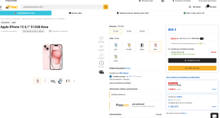 Apple iPhone 15 6,1" 512GB Rosa por tan solo 865€