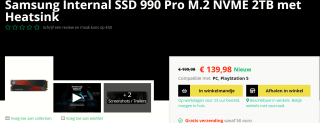 Samsung Internal SSD 990 Pro M.2 NVME 2TB met Heatsink voor €139,98 bij Gamemania