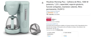 Moulinex Morning Plus Cafetera de filtro, 1000 W potencia, 1,25 L capacidad por 30,99€