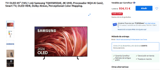 TV OLED 65" Samsung TQ65S85DAE, 4K UHD, Procesador NQ4 AI Gen2 por 934€
