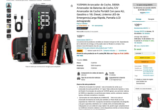 Arrancador de Coche 5000A Arrancador de Baterias de Coche 12V por solo 53,53€