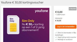 Youfone € 30,00 kortingsvoucher op een 1- of 2-jarig Sim Only abonnement voor 1.000 ING punten