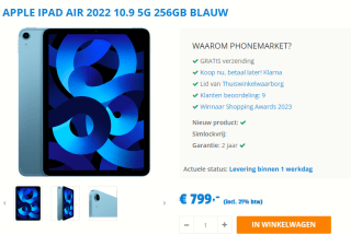 Apple iPad Air (2022) Wi-Fi + Cellular, 256GB opslag Blauw voor €799 bij Phonemarket