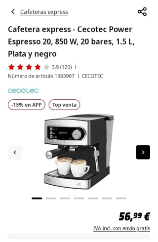 Cafetera Cecotec Power 20 por 56,99€.