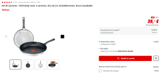 Set de sartenes Tefal Daily Cook, 2 sartenes, 20 y 26 cm, Antiadherentes por 18,90€