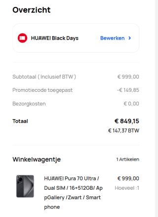 15% (extra) korting op smartphones bij Huawei