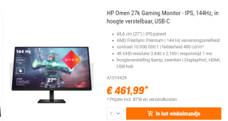 OMEN by HP 27 inch UHD 144 Hz gaming monitor voor €461,99 bij Nbb